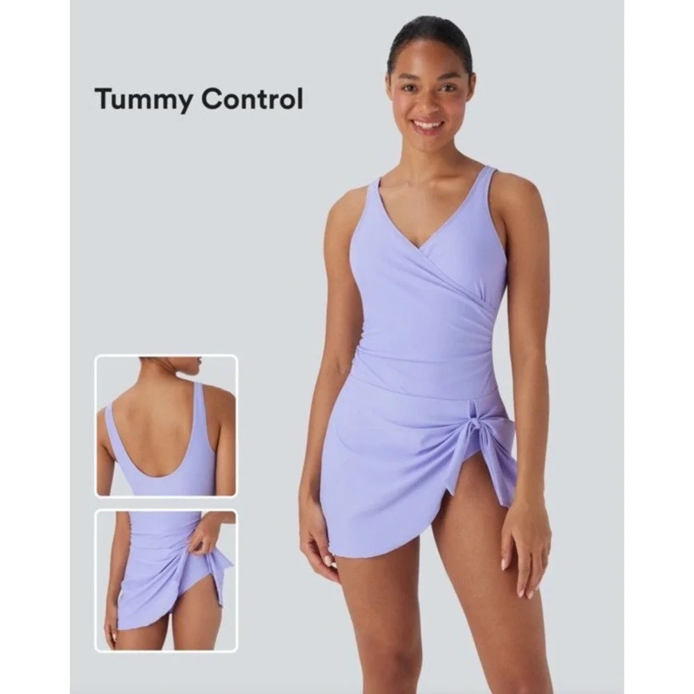 NWT Halara V Neck Ruched Asymmetric Tie 2-in-1 Tummy Control 1PC Swimsuit Large‎